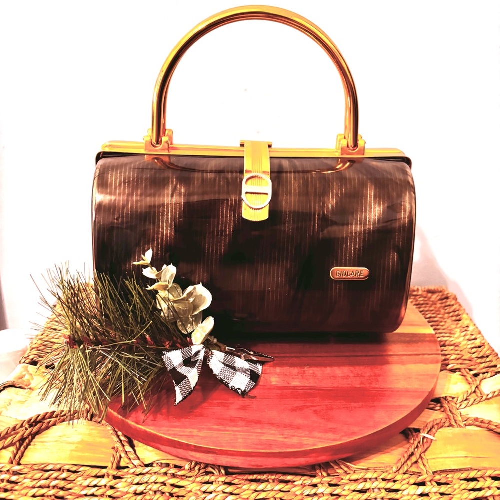 Italian Vintage Top Handle Pocketbook Lucite Brass Barrel Box Purse Mid-Century